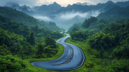 Winding road through lush green mountain valley, shrouded in mist.