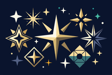 Elegant celestial star icons set with geometric shapes and glowing highlights on dark blue background
