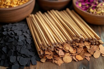Assorted dried herbs and wooden sticks are on a wooden table. Use for food preparation, traditional medicine, or herbal remedies.