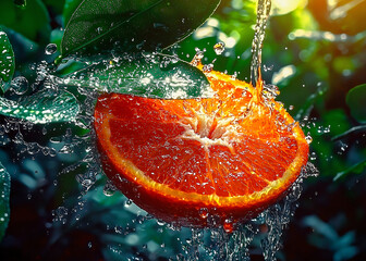 Ripe orange and lots of splashes and drops of water that splash dynamically. A fresh, juicy orange is cut in half, drops of juice glisten in the sun – Generative AI