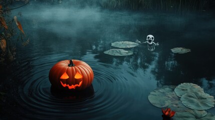 Mysterious Halloween pumpkin floats on a spooky pond.
