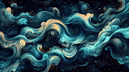 Reverie Swell, an illustration, presents an enchanting aquatic reverie, captivatingly depicting a graceful figure submerged in the shimmering indigo hues of a vast ocean expanse