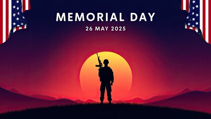 Fototapeta premium Memorial day silhouette of a soldier standing at sunset honoring fallen heroes in the united states