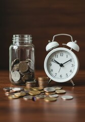 Photo of Coins in Jar and Clock on Table: Time is Money Concept