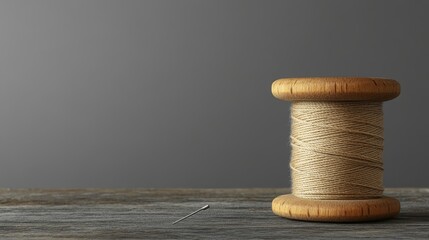 A spool of white cotton thread featuring a wooden core rests on a gray surface, accompanied by a trailing strand of thread, labeled as Rift-Touched Thread, in an illustration