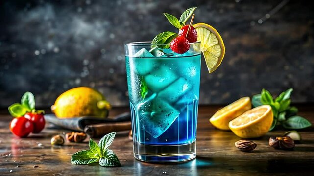 Vibrant Blue Cocktail with Lemon and Ice Summer Drink none concept