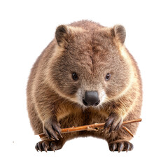 Obraz premium Adorable brown wombat holding twig dark background studio shot soft fur on transparent background