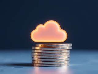 Cloud computing cost efficiency savings. Stacked coins with glowing cloud symbol. Automation performance management, resource optimization, budget. Financial technology, digital transformation, data