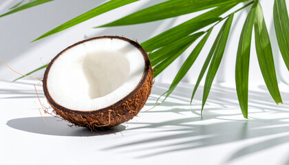 Fresh coconut half with white flesh, surrounded by green palm leaves, evokes tropical and refreshing vibe. Perfect for culinary uses or decoration