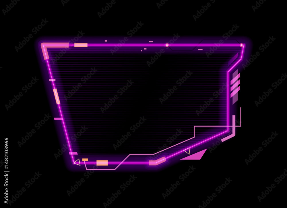 Aufkleber Purple neon game frame asset, HUD interface overlay template, information call box for gaming, streaming or high tech visual. 3d vector futuristic glowing cyberpunk border, digital scifi callout title