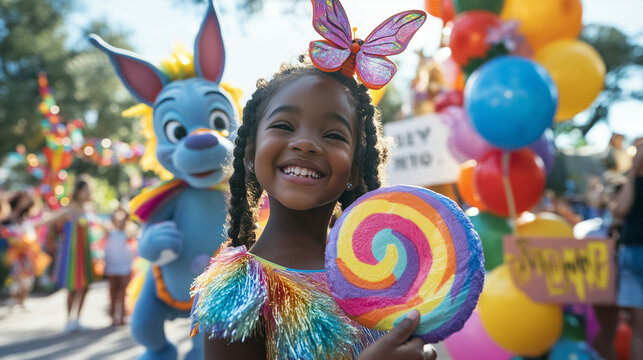 The magic of Eeyore’s Birthday Party comes alive in a portrait-focused shot: a young girl with butterfly wings and face paint beams while holding a giant rainbow lollipop
