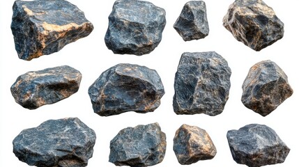 In the illustration entitled Cosmic Drifting Cloth, a swarm of asteroids characterized by sharp edges and worn surfaces drift together, isolated on clean white to draw attention to their cosmic