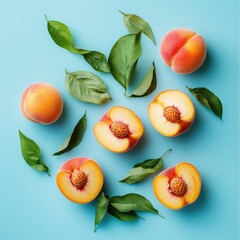Juicy peaches halved and whole, arranged with vibrant green leaves on a light blue background
