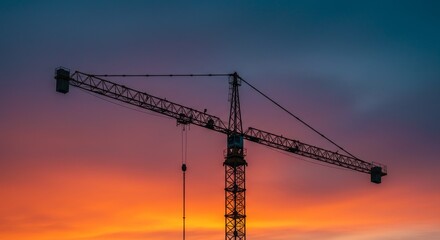 Photo of Construction Crane Silhouette Against Vibrant Sunset Sky