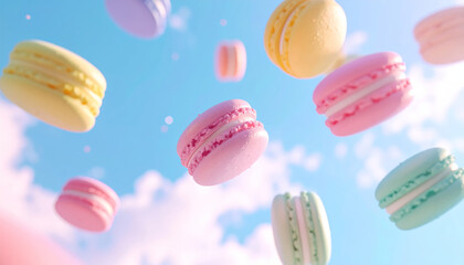 Obraz premium Colorful macarons float against bright blue sky, creating whimsical and joyful atmosphere. These pastel treats evoke sense of delight and sweetness, perfect for any dessert lover