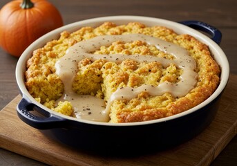 Photo of Cornbread Dressing with Gravy in a Blue Baking Dish