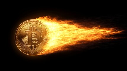 The price of Bitcoin is soaring upwards on a fiery rocket trajectory to the moon, accompanied by its symbol and flames, representing digital electronic currency and cryptocurrency trading, also known