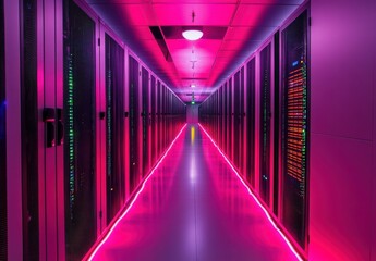 Pink Illuminated Server Room Corridor with Data Storage Servers