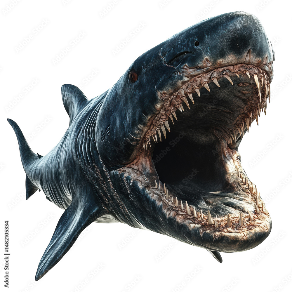Fototapete ancient megalodon jaws dark ocean predator gnarled teeth monstrous size on transparent background