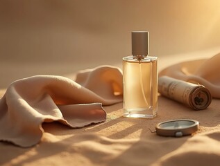 A bottle of perfume is placed on sand with a rolled map and compass nearby. Journey and discovery idea for traveling and exploration concept.
