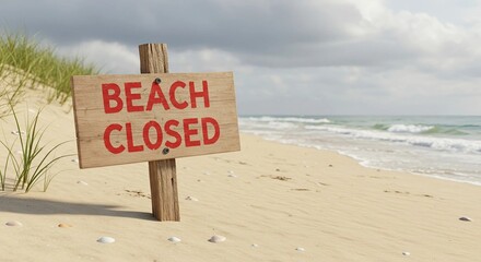 Beach closed sign on sandy beach. Warning on a deserted beach with waves and cloudy sky. Concept of travel restriction and holiday cancellation.