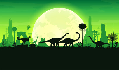 Prehistoric dinosaurs silhouettes on sunset landscape with trees, rocks and plants. Vector scene with terrain and flying dino species shadows in front of the large sun in a green dusk sky background © Vector Tradition