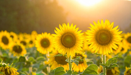 Obraz premium Bright sunflowers basking in warm sunlight create vibrant and cheerful atmosphere in beautiful field. golden petals and lush green leaves evoke feelings of joy and tranquility