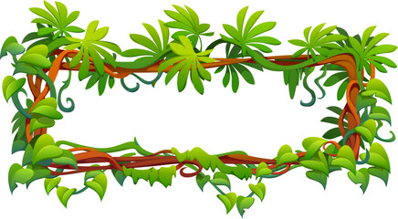 Jungle tropical forest liana green leaves frame of rainforest plants, vector background. Square frame of tropical rain forest palms and monstera leaf or fern tendrils and branches with ivy sprouts © Vector Tradition