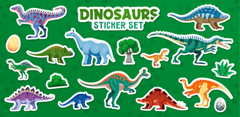 Naklejka premium Prehistoric dinosaurs stickers with Jurassic lizards and funny dino characters, cartoon vector icons. Jurassic era dinosaurs and dino eggs for kids paleontology game or prehistoric lizards toys