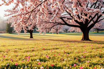 Beautiful Springtime Meadow with Cherry Blossoms