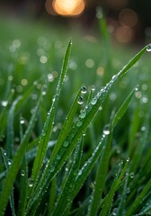 Naklejka premium Photo of Dewy Green Grass Close Up With Blurred Background