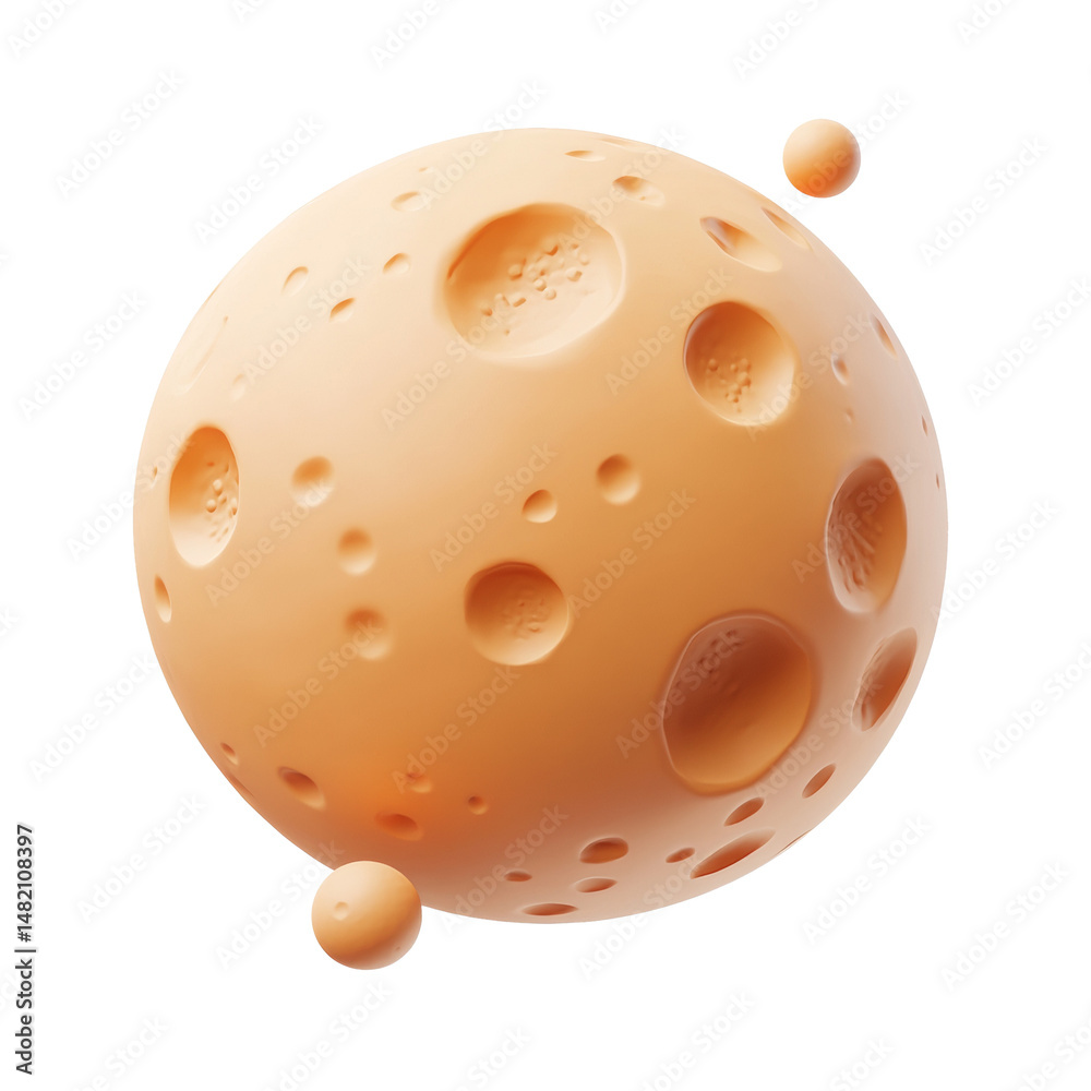 Aufkleber Abstract spherical object with textured craters and orbiting spheres design