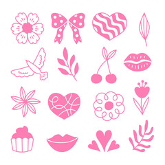 Romantic Love Doodles Set. Pink Girlie Coquette Femininity Scribbles. Wedding design elements collection. Flat vector illustration