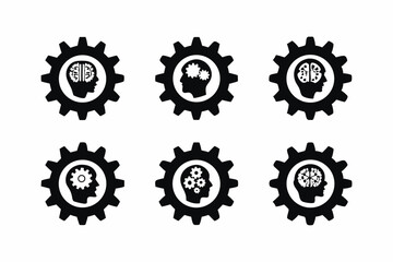 set of man brain inside gear icon vector silhouette illustration isolated on white background