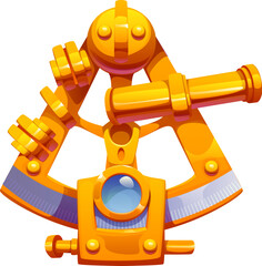 Cartoon sextant with golden arc and compass details. Vector antique nautical navigation tool with rotating parts and engraved lines. Item fantasy pirate icon expressing exploration and star direction