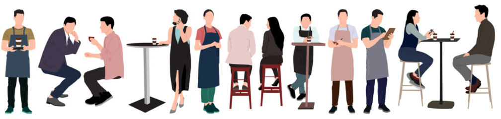 Obraz premium people sitting in restaurant and cafe. Waiter serving and barista making coffee for customers.