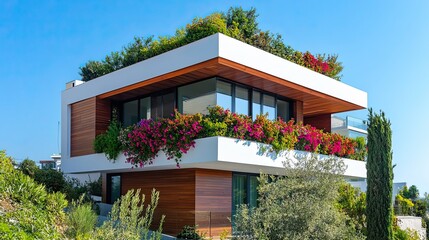 A modern home adorned with flowers under a bright blue sky.