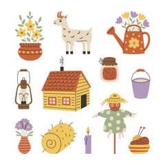 Cottagecore Elements Set. Countryside rural summer collection. Farm Cottage equipment animal flowers. Hand drawn flat vector illustration. 