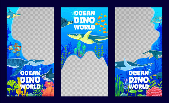 Ocean dino world flyer templates with prehistoric underwater dinosaurs and reptiles, vector banners. Ocean dinosaurs flyer templates for social media with prehistoric sea dinosaurs and aquatic lizards