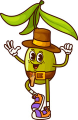 Cartoon groovy olive cowboy and bandit vegetable character. Vector healthy food personage in western hat with green leaf and retro sneakers. Brave vitamin veg defender ready for feat on the Wild West