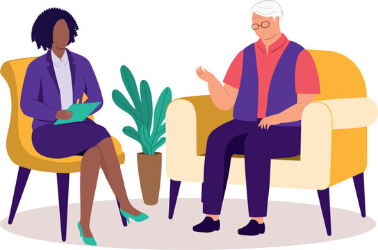 Elderly Man Seeing A Female Psychologist During A Psychotherapy Session.