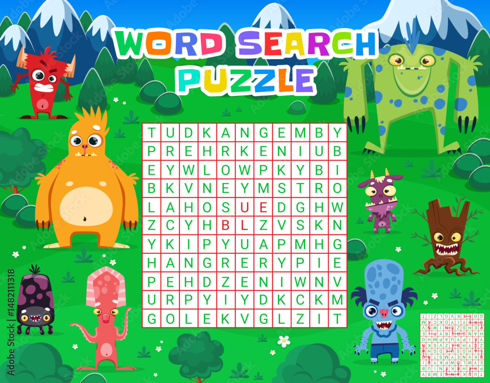 Aufkleber word search puzzle game quiz with cartoon funny monster characters. vector educational worksheet wit