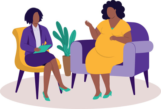 Plus Size Black Pregnant Woman Sitting On Couch And Talking To Her Psychologist During A Psychotherapy Session.