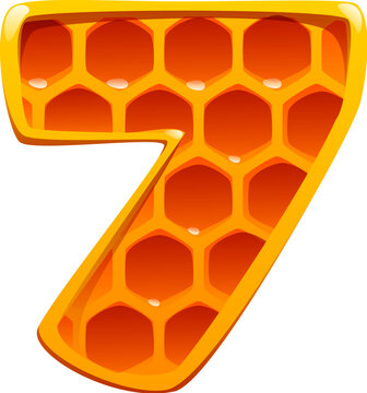 Honey font typeset, honeycomb digit 7 seven. Beekeeping farming typeface number, sweet honey vector alphabet font figure. Honey bee farm math type numeral symbol or apiary kids ABC typeface digit