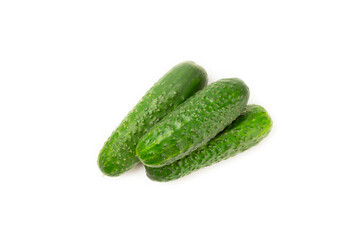 Cucumber isolated on white background. Slice of cucumber on white background. Fresh organic green cucumbers. Vegan. Ingredient for salad. Farm vegetables.