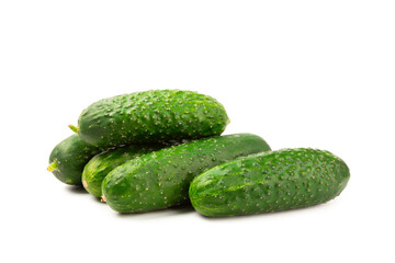 Cucumber isolated on white background. Slice of cucumber on white background. Fresh organic green cucumbers. Vegan. Ingredient for salad. Farm vegetables.