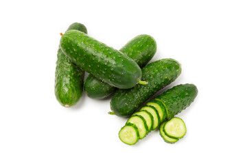 Cucumber isolated on white background. Slice of cucumber on white background. Fresh organic green cucumbers. Vegan. Ingredient for salad. Farm vegetables.