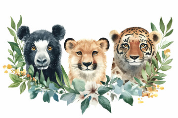 Fototapeta premium Watercolor wild animals including bear, tiger, and lion with leaves.