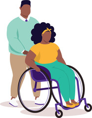 Plus Size Black Husband Pushing His Wife With Wheelchair.