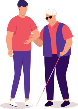 Young Man Helping A Blind Elderly Man With Sun Glasses And White Cane.